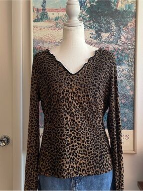 Vintage Express Tricot Leopard Print Mesh Top Large V-Neck Indie Sleaze Y2K 90s